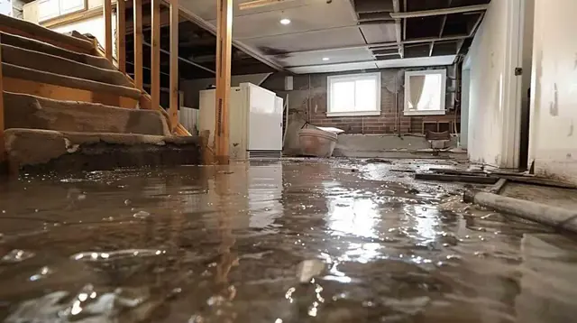 Standing water across a flooded basement floor in Howard County