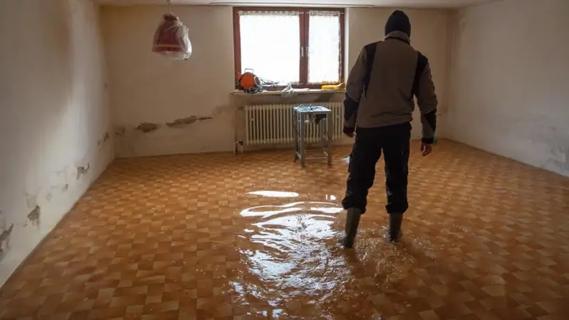 Water across a finished basement floor in a Columbia, MD home