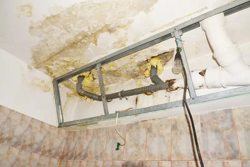 Sagging, water-stained ceiling from a leak above in Columbia, MD