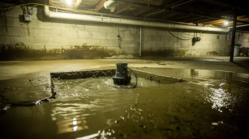 Sump pit and pump in a flooded basement in Howard County